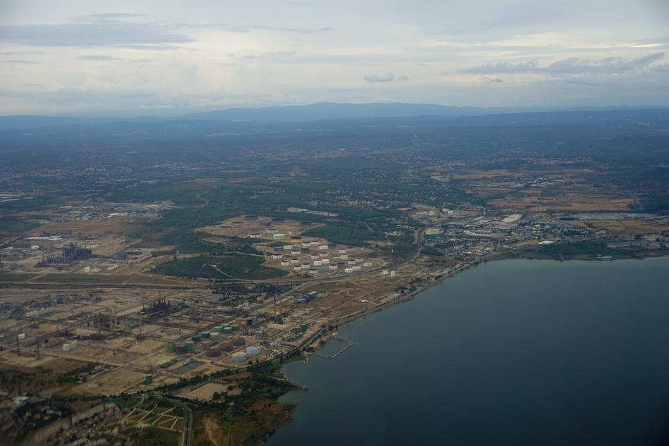 Aerial view with the oil industry on the coast, in Provence, France