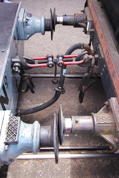 Close-up of the metal train bumpers, between the wagons