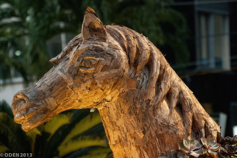 Beautiful and colorful, crafted, wooden horse, in light