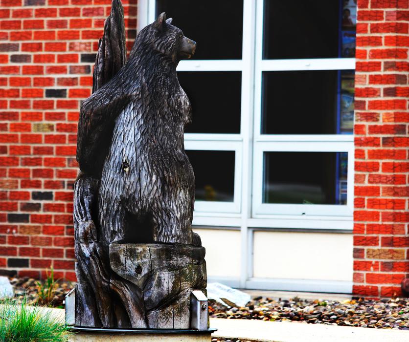 wooden sculpture of an animal near the house