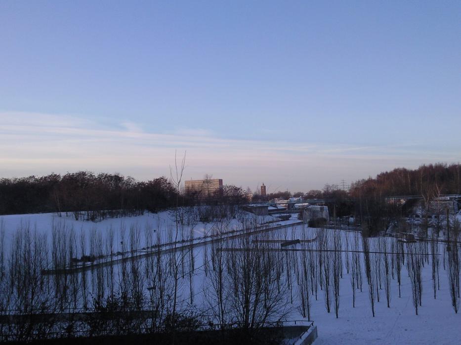 Beautiful and colorful, snowy landscape with the industrial culture, with the plants, in the winter