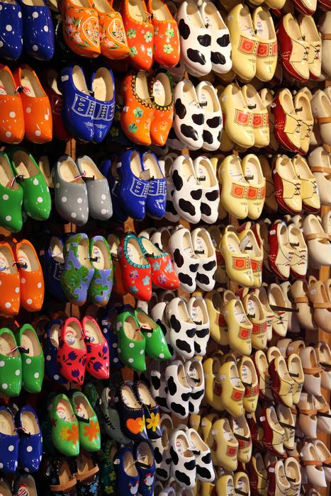 Colorful and beautiful, colorful, painted clogs in light, in Netherlands