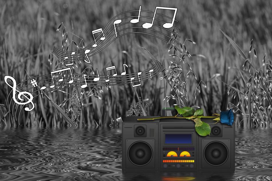 music notes above vintage player on grass, digital art