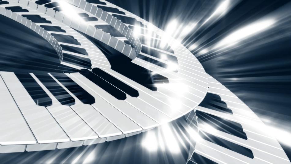 Shiny, white and black music keyboard, with the lights, at blue background, clipart