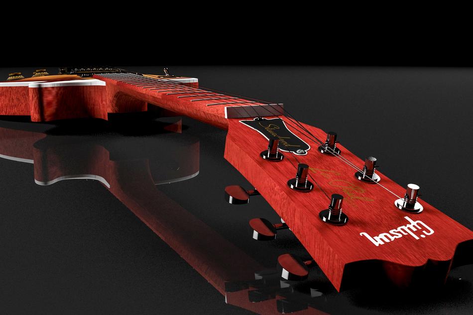 Close-up of the beautiful, red 'Gibson' guitar, with the reflection