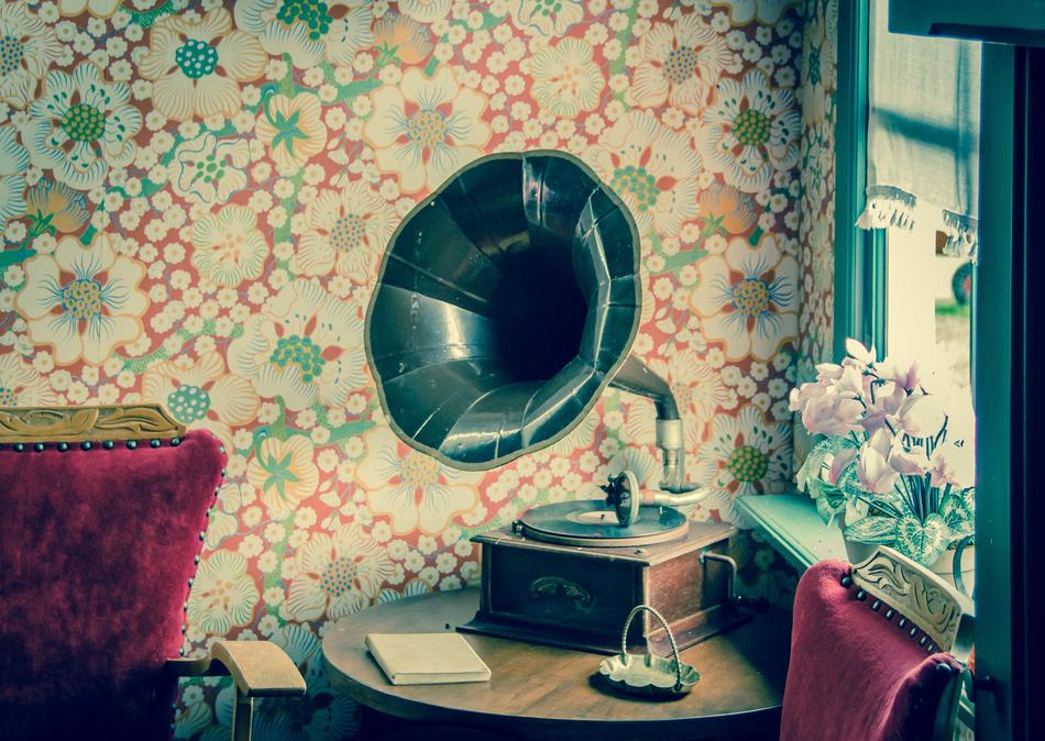 vintage gramophone on the table near the window