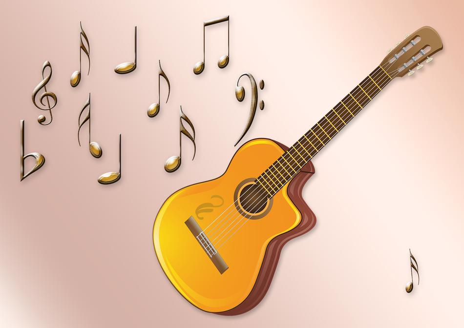 painted guitar and gold notes on a pink gradient background