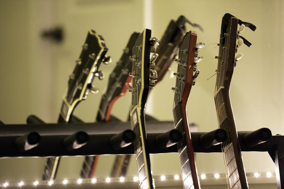 tilted guitars on blurred background