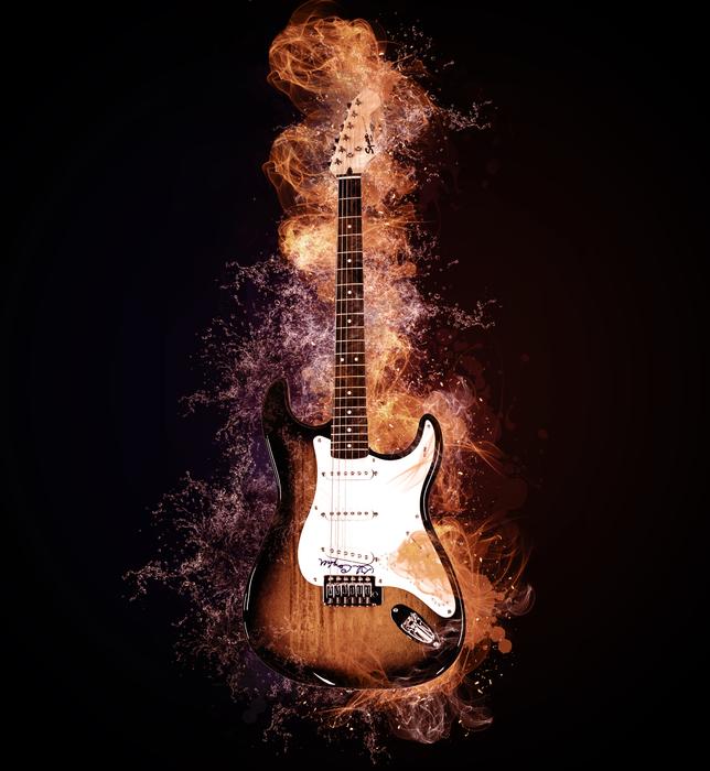 painted electric guitar on fire