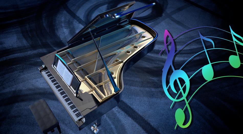 Beautiful, shiny piano, near the colorful, gradient music notes