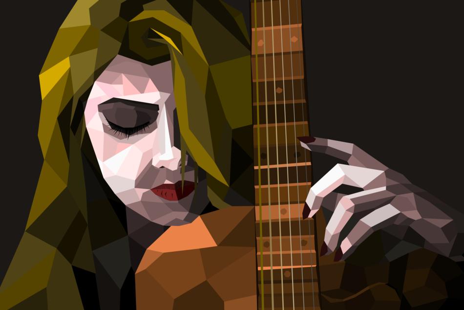 Beautiful drawing of the blonde woman playing on the wooden guitar
