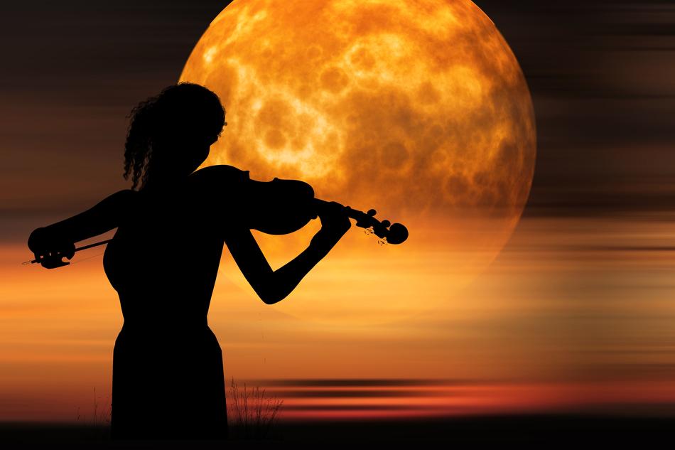 silhouette of a girl playing the violin on a background of the yellow moon