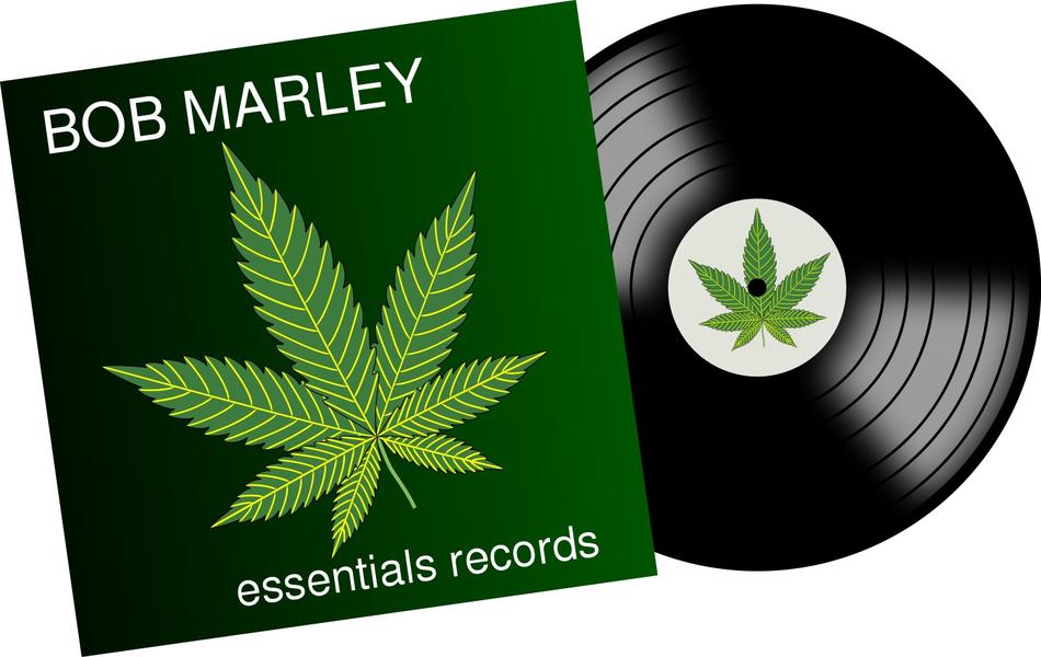 Shiny vinyl with the music of Bob Marley, with the cover with weed, on clipart