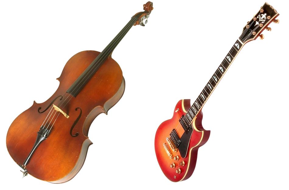 drawn guitar and cello on a white background