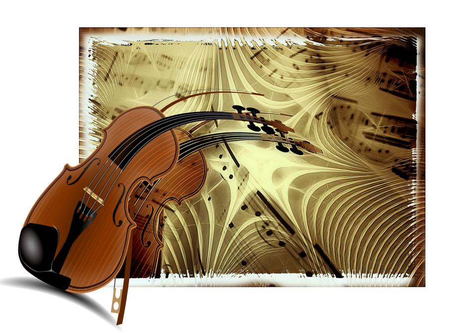 Wooden, brown and black violin, at beautiful, yellow background, at white background