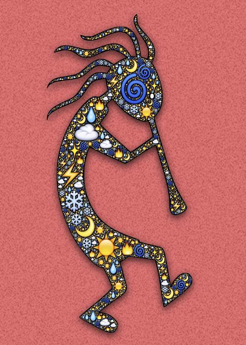 Figure of the colorful and beautiful Kokopelli, with the patterns, on the red surface