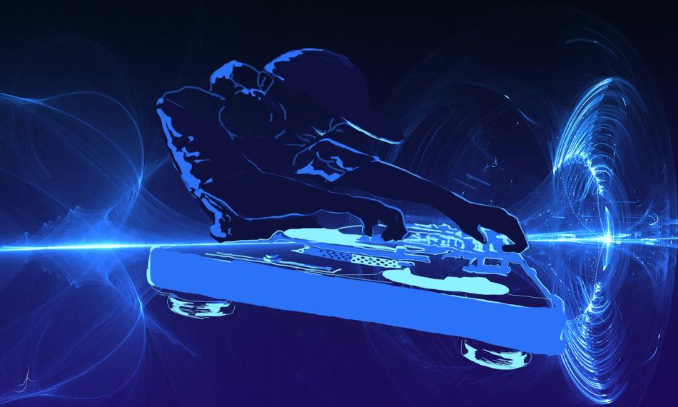 Silhouette of the dj, with the twin decks, with the lights, clipart