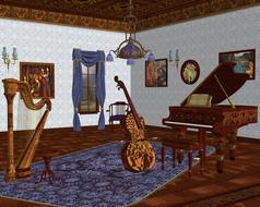 music room, vintage interior with musical instruments