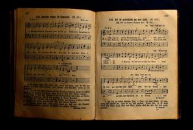 Beautiful, open, antique hymnal book with the notes