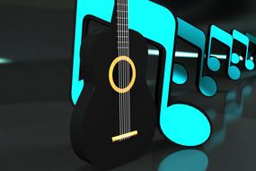 Beautiful, black and gold guitar near the bright turquoise music notes on clipart