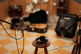 microphones in a music studio in a blurred background