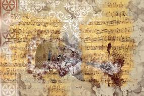 vintage collage, music sheet, guitar and patterns