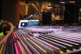 Colorful soundboard in a recording studio