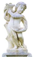 Beautiful, white sculpture of the angel, with the harp, on the stand