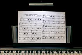 Beautiful, white and black music sheets on the piano in light, near the keyboard