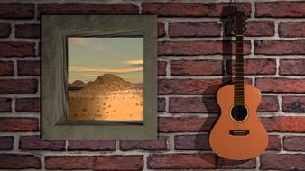 painted brick wall with a window and a guitar