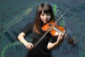 young violinist on the background of musical notes