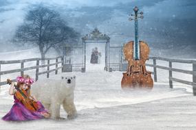 Beautiful, snowy landscape with the girl, Polar bear and violins, near the fence and person in winter