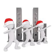 painted white men in Christmas caps on the background of music speakers