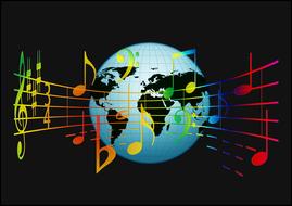 music staves with notes at globe, digital art