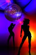 two silhouettes of dancing girls on a rainbow background and a shiny disco ball