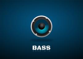 Blue, black and white speaker and white "Bass" sign, at blue background