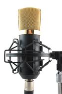 Close-up of the beautiful, black and gold microphone, at white background