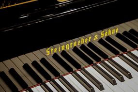Beautiful, shiny, black Steingraeber & SÃ¶hne piano with white and black keys