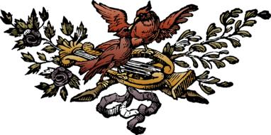 Beautiful and colorful drawing of the birds, on the musical instrument, with the plants, clipart