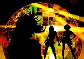 three silhouettes of girls on a background of disco ball