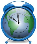 blue alarm clock depicting green continents