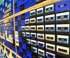 colorful art installation, Cassettes with Music records