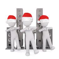 white male persons in santa hats dancing in front of speakers, 3d render