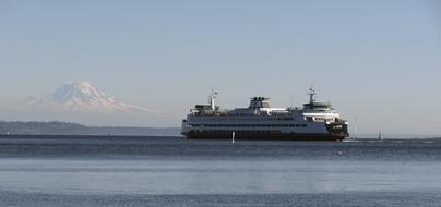 Ferry on sea in view of Mount Rainier, usa, Washington, Seattle