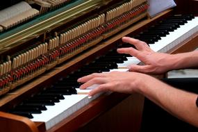 Person, playing on the white and blue keys of the beautiful piano