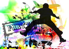 party, drawing, silhouette of boy in jump at colorful background