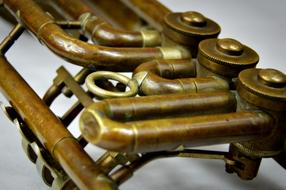 valves of Old Copper Trumpet close up