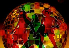 Silhouettes of the girls and man, on the colorful disco ball, with the bokeh lights, at black background, clipart