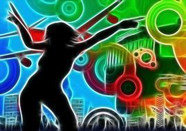 silhouette of dancing girl at abstract colorful background