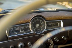 speedometer on Dashboard of vintage car with interior view